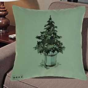 Perna Decorativa Brad in Galeata Watercolor, 40x40 cm, Verde, Husa Detasabila, Perna Inclusa, BEKZ®