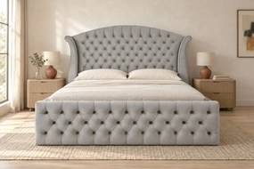 Pat tapițat Chesterfield din catifea Sorella Simple 160×200 cm, gri deschis, cu ladă de depozitare