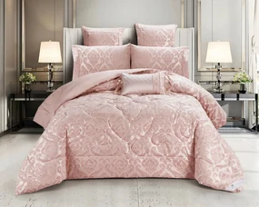 Lenjerie de pat cu elastic si pilota inclusa, bumbac tip jacquard, pat 2 persoane, 7 piese - Roz Pud