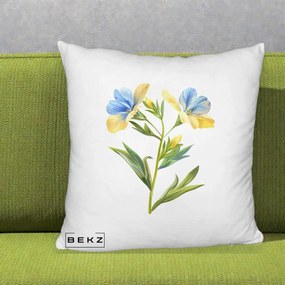 Perna Decorativa Botanica Frezie Galbena si Albastra, 40x40 cm, Alb Pufos, Husa Detasabila, Perna Inclusa, BEKZ®