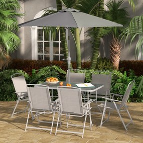 Outsunny Set de Grădină cu Masă, 6 Scaune Pliante și Umbrelă de Soare cu Manivelă, Lounge în Aer Liber din 8 Piese, 130x80x71 cm, Gri