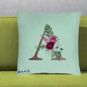 Cadou Personalizat - Perna Personalizata Monograma Rose Gold Litera A, 40x40 cm, Verde Menta, Husa Detasabila, Perna Inclusa, BEKZ®