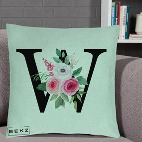 Cadou Personalizat - Perna Personalizata Monograma Florala Litera W cu Trandafiri si Anemona, 40x40 cm, Verde Menta, Husa Detasabila, Perna Inclusa, BEKZ®