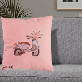 Perna Decorativa Scuter Albastru cu Flori Acuarela, 40x40 cm, Roz, Husa Detasabila, Perna Inclusa, BEKZ®