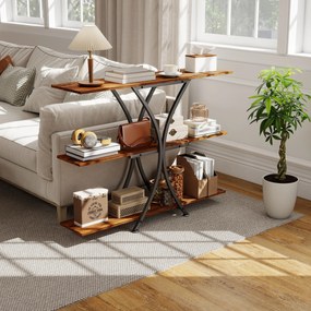 HOMCOM Masă Consolă Masă pentru Canapea cu 2 Polițe Deschise și Cadru Metalic în X Stil Industrial Maro Rustic | Aosom Romania