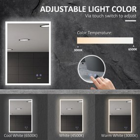 Oglindă Baie LED Kleankin, Iluminare Reglabilă, Smart Touch, Argintiu, 70x50cm | Aosom Romania