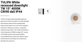 Spot LED incastrabil TULIPA White recessed downlight 7W 15° 4000K CRI90 dali IP44