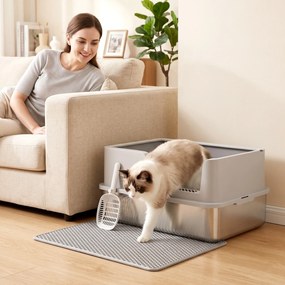 PawHut Litieră pentru Pisici xl cu Covoraș, Tavă din Oțel Inoxidabil, Lopățică, Perie, Până la 8 Kg, Gri Deschis | Aosom Romania