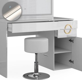 Masuta machiaj cu Oglinda LED si 3 Sertare pentru Cosmetice, Set Masa toaleta 115 cm, Alb Lucios, masuta cosmetica, vanity - SEA442