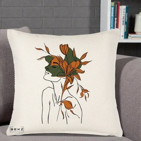 Perna Decorativa Portret Feminin Crin Auriu, 40x40 cm, Crem Reliefat, Husa Detasabila, Perna Inclusa, BEKZ®