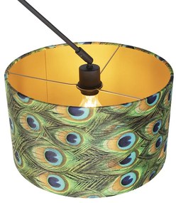 Lampă suspendată neagră cu abajur din catifea cu imprimeu de păun cu auriu 35 cm - Blitz
