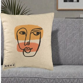 Perna Decorativa Portret Abstract Line Art Portocaliu, 40x40 cm, Bej, Husa Detasabila, Perna Inclusa, BEKZ®