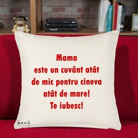 Cadou pentru Mama - Perna Personalizata Mama Cuvant Mic, 40x40 cm, Crem Reliefat, Husa Detasabila, Perna Inclusa, BEKZ®