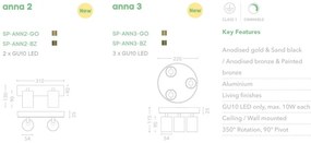 Aplica cu 3 spoturi din aluminiu canelat Anna auriu