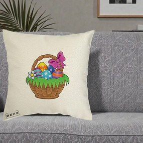 Perna Decorativa Cos cu Oua de Pasti Colorat, 40x40 cm, Ecru, Husa Detasabila, Perna Inclusa, BEKZ®