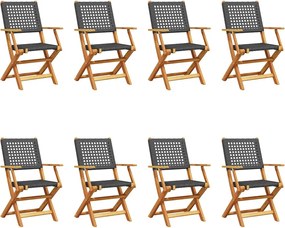 vidaXL Scaune grădină pliabile 8 buc., negru, poliratan și lemn masiv