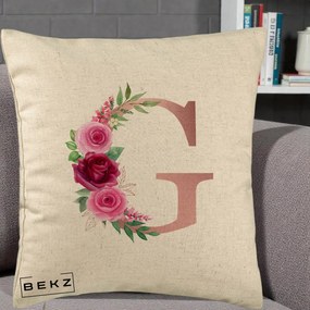 Cadou Personalizat - Perna Personalizata Monograma Rose Gold Litera G, 40x40 cm, Bej, Husa Detasabila, Perna Inclusa, BEKZ®
