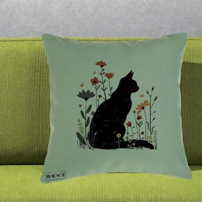 Perna Decorativa Pisica Neagra Profil Flori Portocalii, 40x40 cm, Verde, Husa Detasabila, Perna Inclusa, BEKZ®