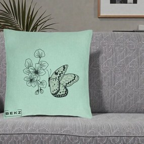 Perna Decorativa Fluture si Flori Linie Monocroma, 40x40 cm, Verde Menta, Husa Detasabila, Perna Inclusa, BEKZ®