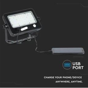Proiector solar LED reglabil 10W 4000K IP65 cu senzor și port USB