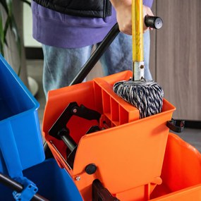 HOMCOM Cărucior Profesional de Curățenie cu 2 Găleți de 26L, Cărucior cu Presă, Mâner și 4 Roți Universale, pentru Hotel, Casă, Birou, 78x45x95 cm, Portocaliu și Albastru | Aosom Romania