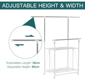 HOMCOM Suport pentru Îmbracaminte şi pentru Rufe Extensibil, 2 Paliere, Înaltime reglabila şi Roţi, 88-157x50x95-160cm, Alb