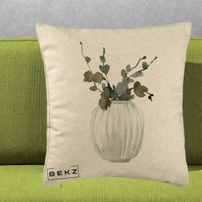 Perna Decorativa Vaza cu Eucalipt Watercolor, 40x40 cm, Bej, Husa Detasabila, Perna Inclusa, BEKZ®
