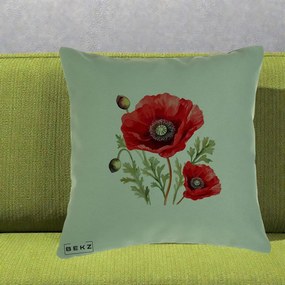 Perna Decorativa Maci Rosii Acuarela, 40x40 cm, Verde, Husa Detasabila, Perna Inclusa, BEKZ®