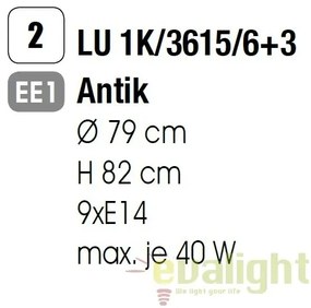 Candelabru design rustic cu 9 brate Rusticka LU 1K/3615/6+3 Antik OR