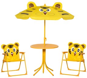 Outsunny Set Mobilier Grădină Copii 4 piese Design Tigrul: Masă rotundă, 2 scaune pliante, umbrelă, metal epoxid galben | Aosom Romania
