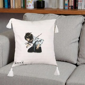Perna Personalizata Death Note L Lawliet Lanturi, 40x40 cm, Bej cu Franjuri, Husa Detasabila, Perna Inclusa, BEKZ®