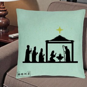 Perna Decorativa Nasterea Pruncului Silueta Neagra si Stea Aurie, 40x40 cm, Verde Menta, Husa Detasabila, Perna Inclusa, BEKZ®