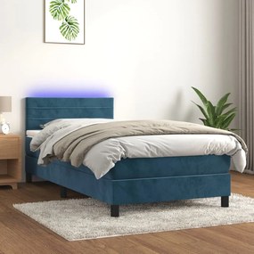 3134445 vidaXL Pat cu arcuri, saltea și LED, bleumarin, 90x200 cm, catifea