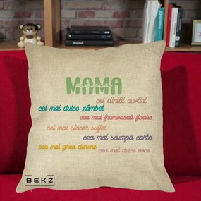 Cadou pentru Mama - Perna Personalizata Mama Cel Dintai Cuvant cu Text Colorat Multicolor, 40x40 cm, Crem, Husa Detasabila, Perna Inclusa, BEKZ®