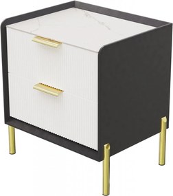 NOG3 - Set 2 Noptiere, 48 cm, cu 2 sertare pentru dormitor, Piele Ecologica si Riflaje - Gri- Alb - Auriu