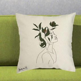 Perna Decorativa Portret Feminin Crin Verde, 40x40 cm, Ecru, Husa Detasabila, Perna Inclusa, BEKZ®