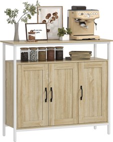 HOMCOM Bufet, corp de depozitare cu 3 uși, compartiment deschis și 4 rafturi reglabile, 100 x 35 x 88 cm, lemn natural | Aosom Romania