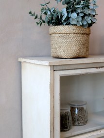 Dulap de perete shabby chic, alb antichizat, cu uși glisante din sticlă