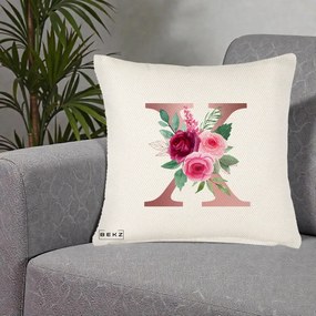 Cadou Personalizat - Perna Personalizata Monograma Rose Gold Litera X, 40x40 cm, Crem Reliefat, Husa Detasabila, Perna Inclusa, BEKZ®
