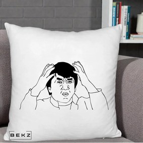 Perna Decorativa Jackie Chan WTF, 40x40 cm, Alb Pufos, Husa Detasabila, Perna Inclusa, BEKZ®