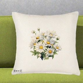 Perna Decorativa Buchet Margarete Albe Acuarela, 40x40 cm, Crem Reliefat, Husa Detasabila, Perna Inclusa, BEKZ®