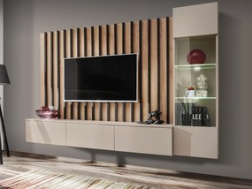 Set mobila living, suspendata, prindere perete, cu riflaj inclus, usi deschidere prin apasare, vitrina cu led, stejar artisan-negru lamelele casmir