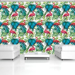 Fototapet - păsări flamingo și frunze (254x184 cm)