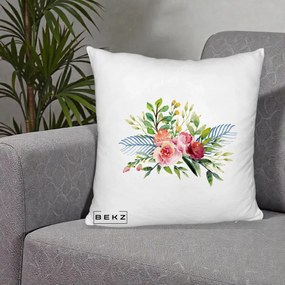 Perna Decorativa Buchet Flori Acuarela Roz-Verde, 40x40 cm, Alb Pufos, Husa Detasabila, Perna Inclusa, BEKZ®
