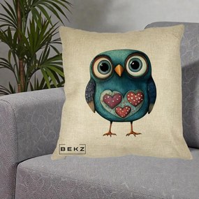 Perna Decorativa Bufnita Teal cu Doua Inimi, 40x40 cm, Crem, Husa Detasabila, Perna Inclusa, BEKZ®