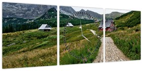 Tablou - Peisaj montan cu case (cu ceas) (90x30 cm)