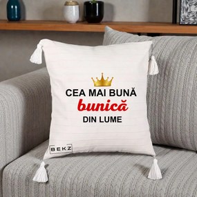 Cadou pentru Bunica - Perna Personalizata Cea Mai Buna Bunica Din Lume Coroana Aurie, 40x40 cm, Bej cu Franjuri, Husa Detasabila, Perna Inclusa, BEKZ®