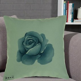 Perna Decorativa Trandafir Albastru Acuarela, 40x40 cm, Verde, Husa Detasabila, Perna Inclusa, BEKZ®