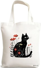 Sacosa de Panza pentru Cumparaturi, Geanta Tote, model Cat and Flowers 3, 38 x 34.5 cm, Alba, BEKZ®