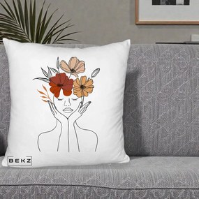 Perna Decorativa Portret Feminin Coroana Trei Flori, 40x40 cm, Alb Pufos, Husa Detasabila, Perna Inclusa, BEKZ®